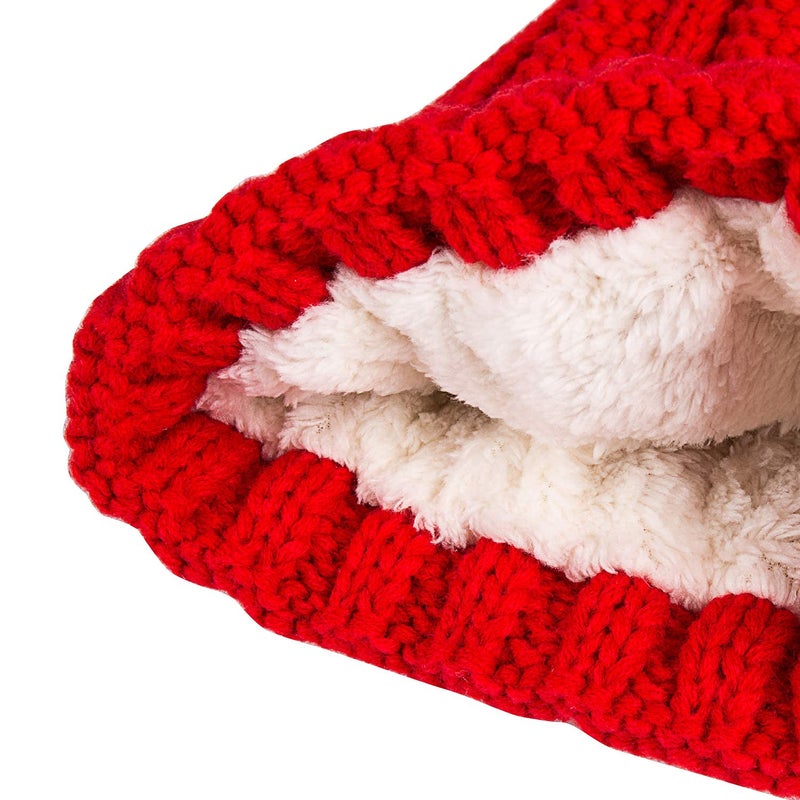 PAGE ONE Womens Winter Thick Cable Knit Beanie Faux Fur Pom Hat Fleece Lined Skull Cap Red - Image 3